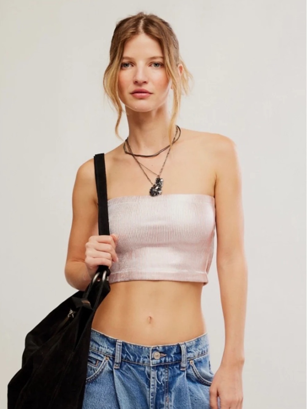 Free People Intimately FP Amelia Foil Bandeau Tube Top Pink Metallic Size L/XL